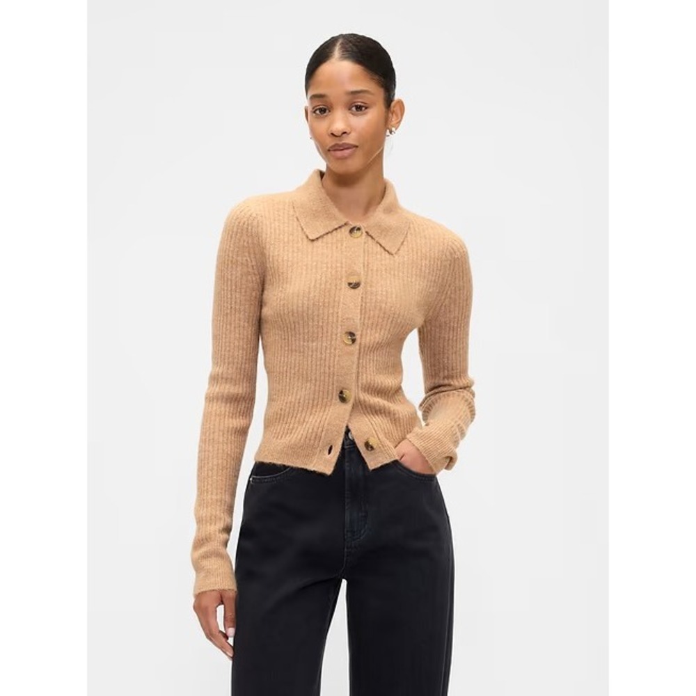 "NWT" GAP Fitted Cropped Collared Cardigan In Light Camel Heather- Women's Large